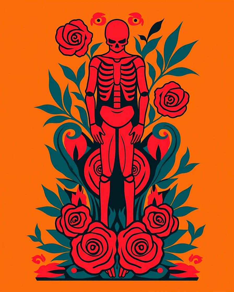 Crimson Skeleton Surrounded By Roses Rug