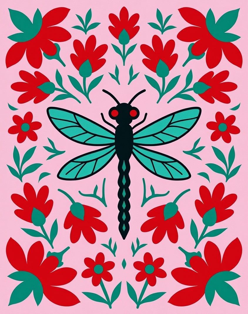 Whimsical Pink Red Dragonfly Floral Rug