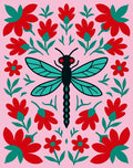 Whimsical Pink Red Dragonfly Floral Rug