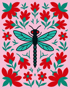 Whimsical Pink Red Dragonfly Floral Rug