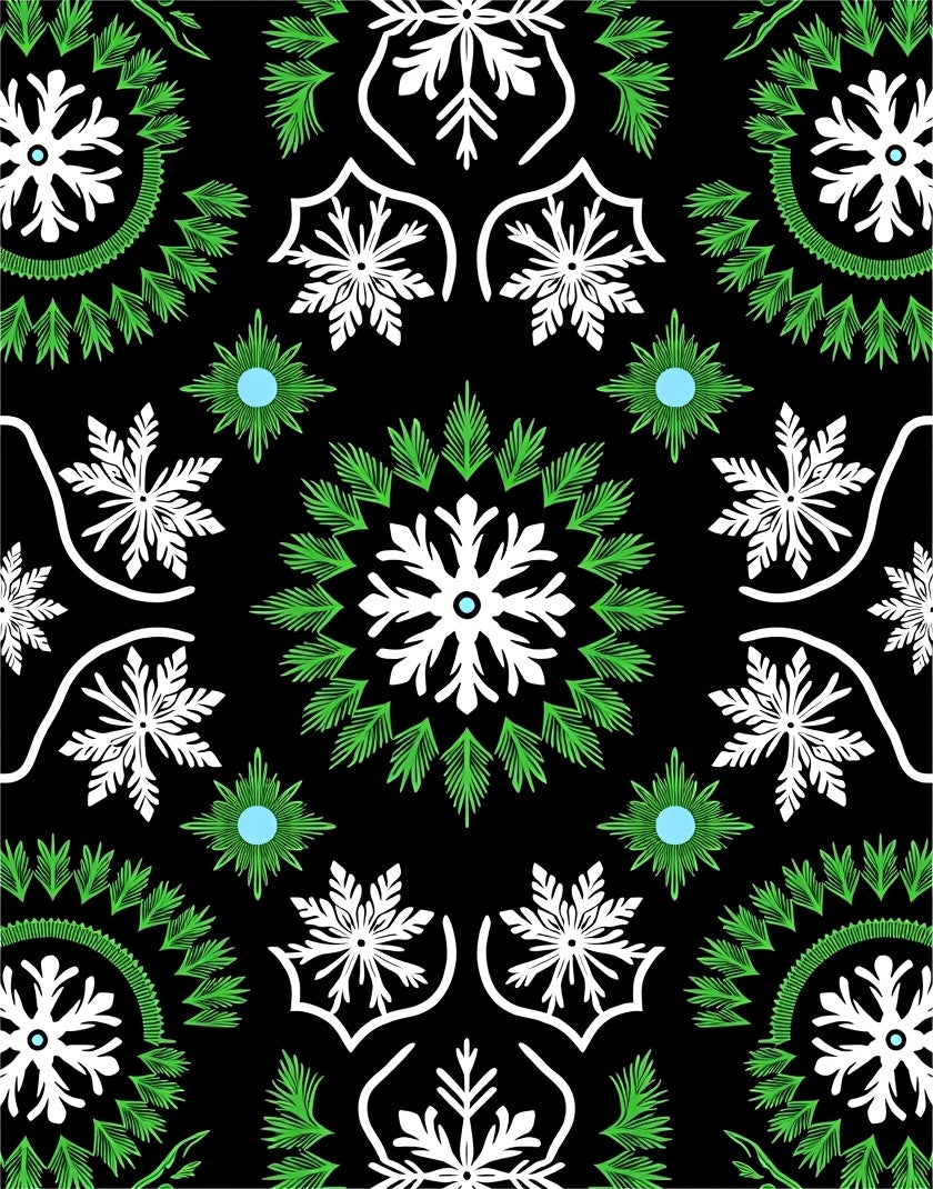 Black Green White Snowflake Medallion Rug
