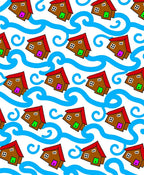 Brown Houses Blue Waves Repeat Rug