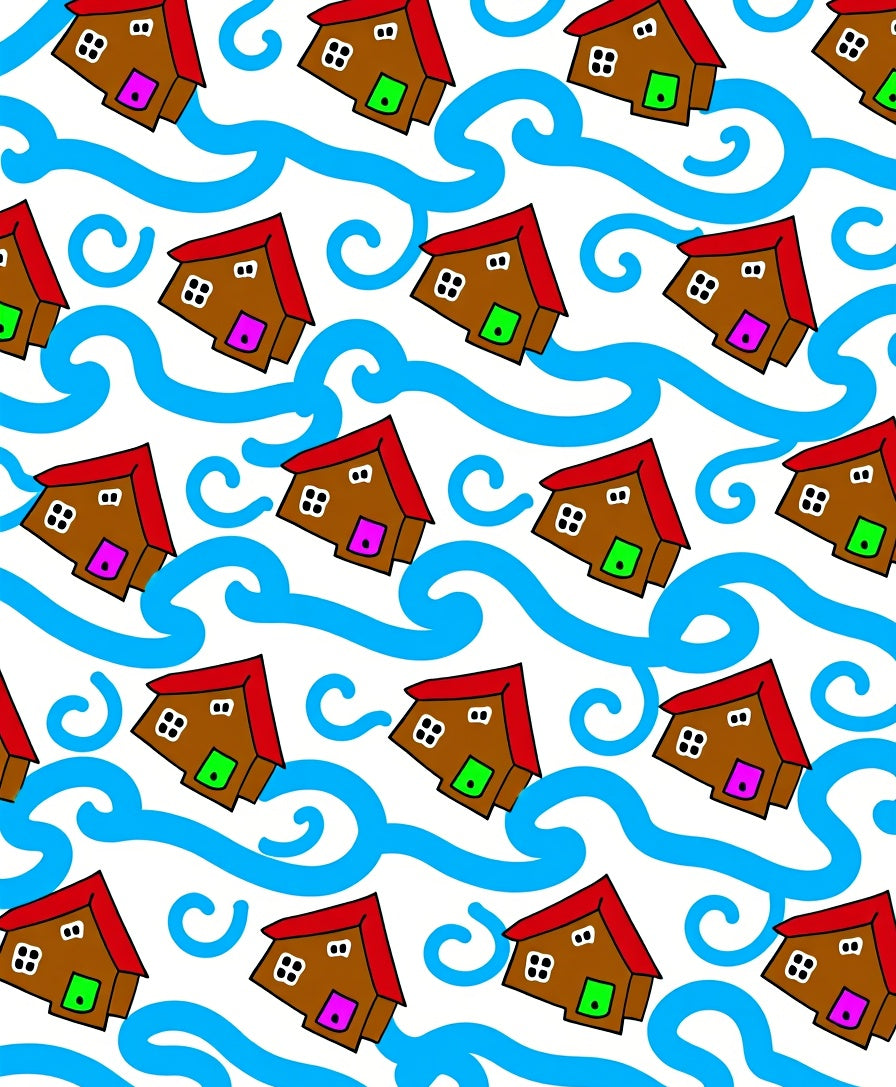 Brown Houses Blue Waves Repeat Rug