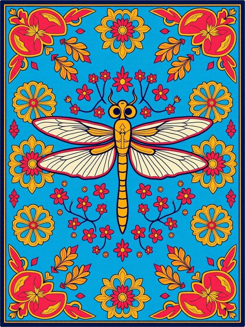 Vibrant Teal Dragonfly Floral Sunburst Rug