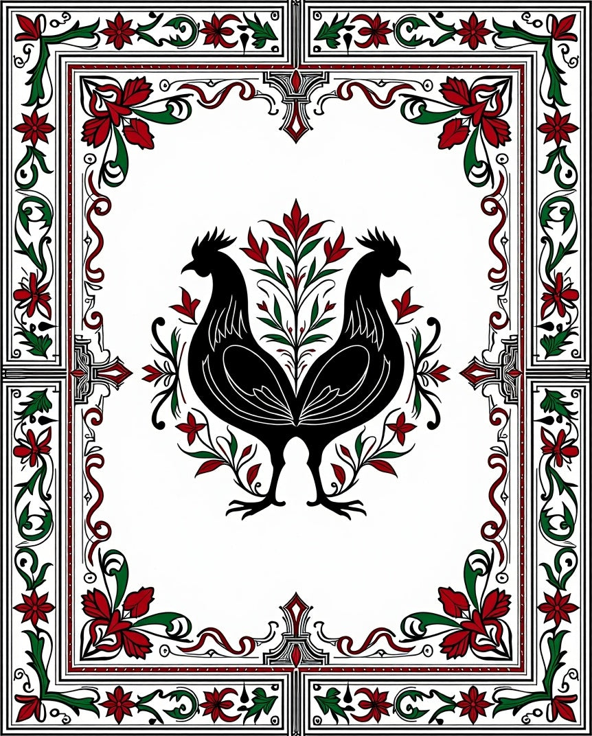 Black Roosters Red Green Floral Border Rug