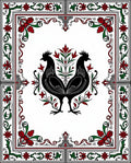 Black Roosters Red Green Floral Border Rug