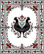 Black Roosters Red Green Floral Border Rug