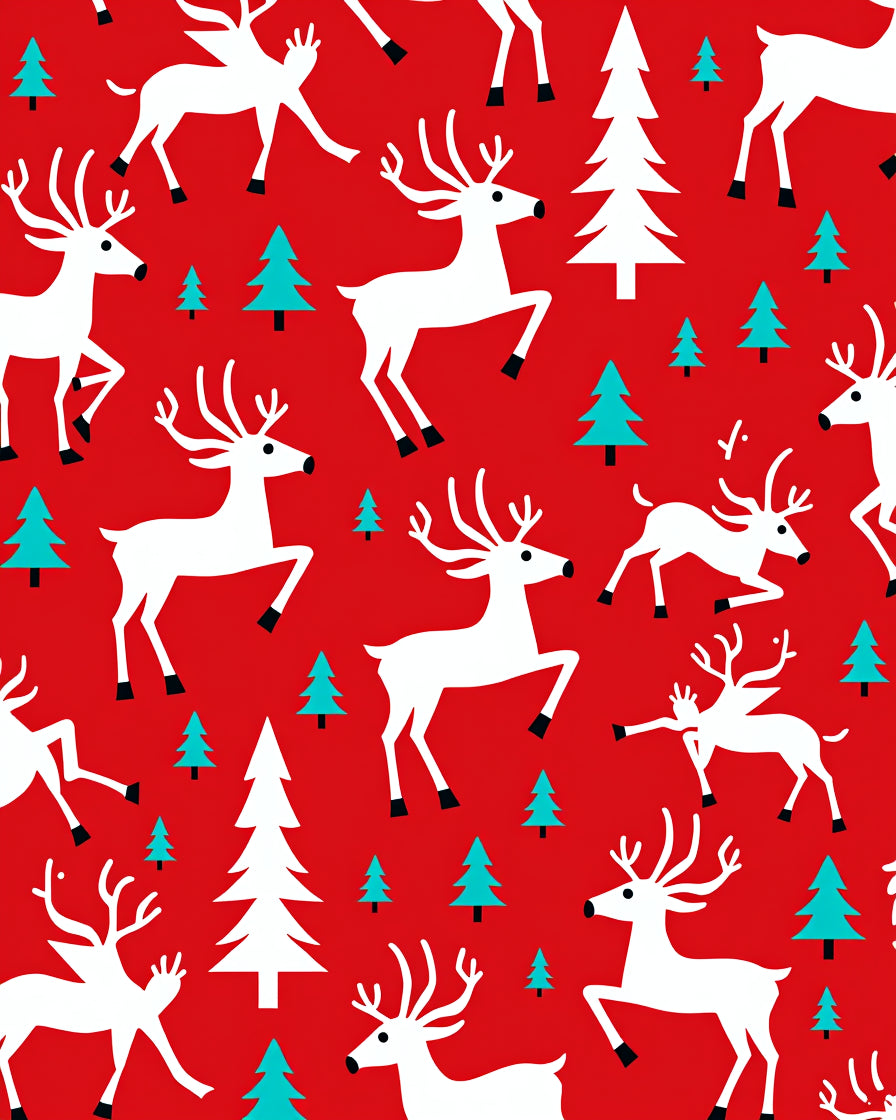 Red White Aqua Reindeer Christmas Trees Rug