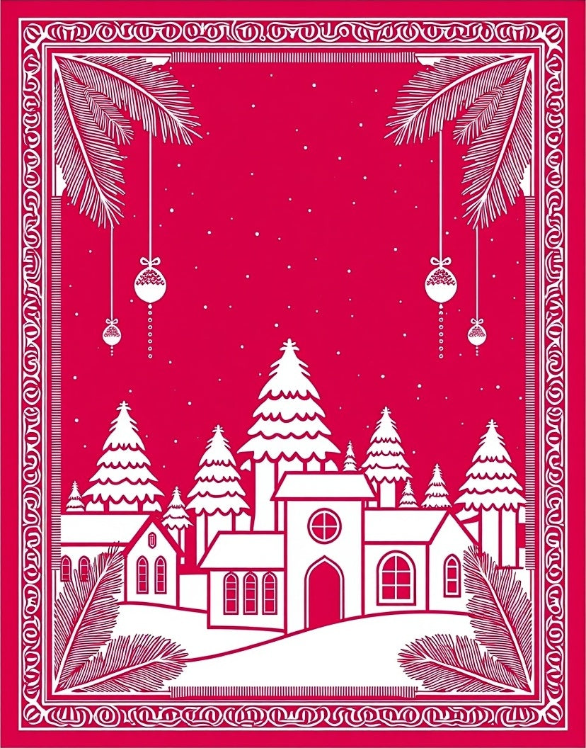 Crimson Christmas Village Evergreen Scene Rug