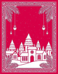 Crimson Christmas Village Evergreen Scene Rug
