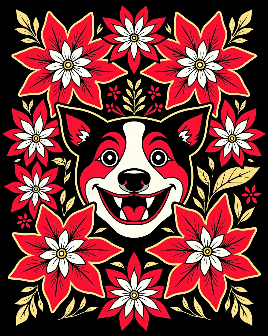 Joyful Dog Red Floral Whimsical Rug