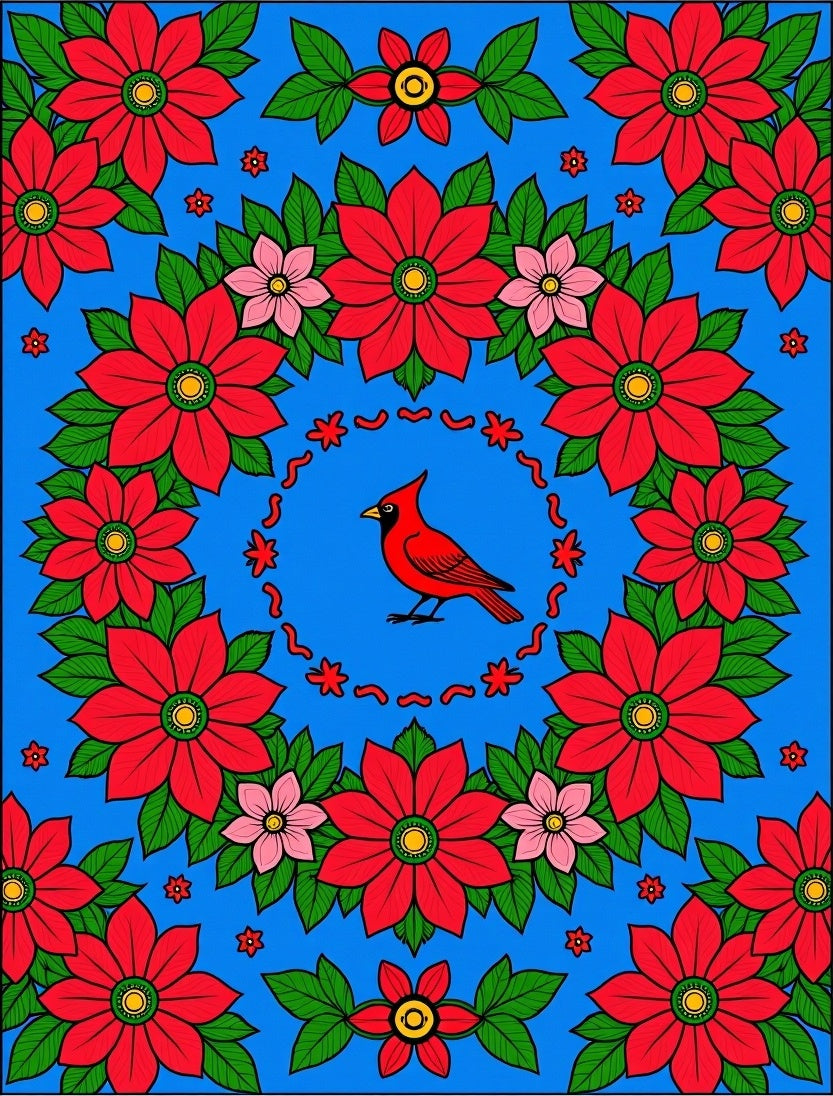 Red Cardinal Floral Garland Blue Rug
