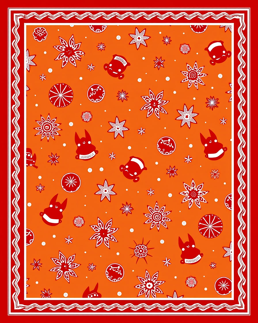 Orange Red Folk Star Creatures Rug