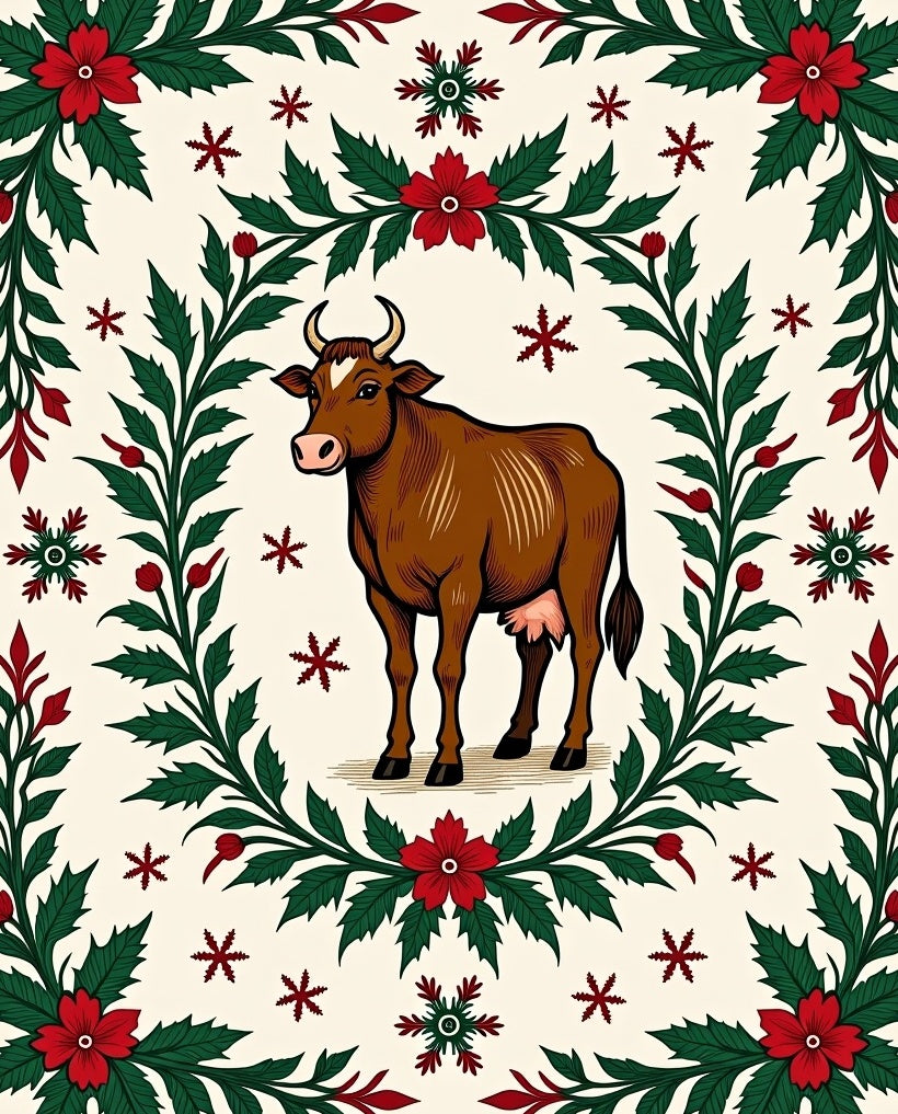 Brown Cow Red Green Floral Border Rug