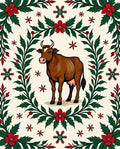 Brown Cow Red Green Floral Border Rug