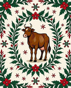 Brown Cow Red Green Floral Border Rug