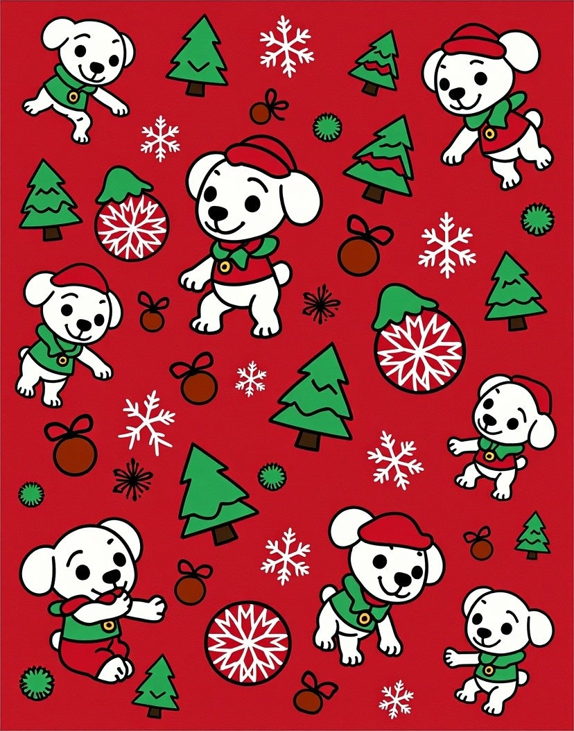 Red Christmas Dog Snowflakes Trees Rug