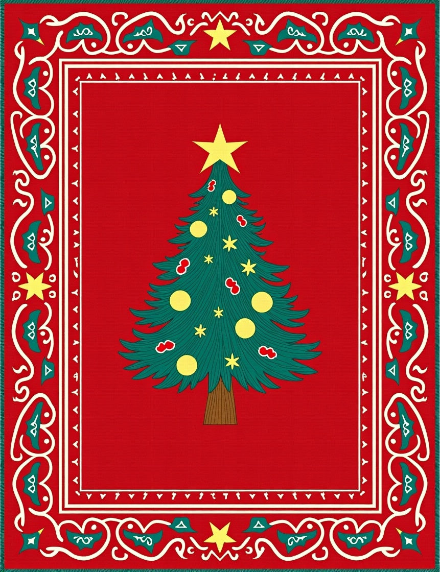 Red Christmas Tree Border Rug