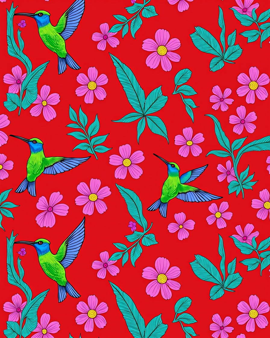 Crimson Hummingbirds Pink Floral Garden Rug