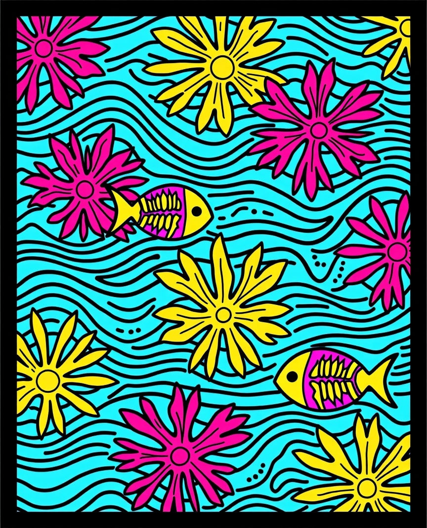 Bright Yellow Pink Flower Fish Aqua Rug