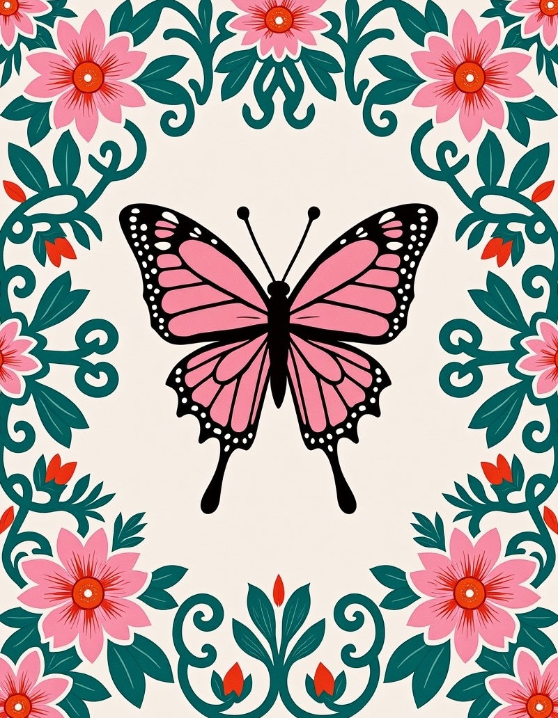 Pink Butterfly Floral Garland Rug