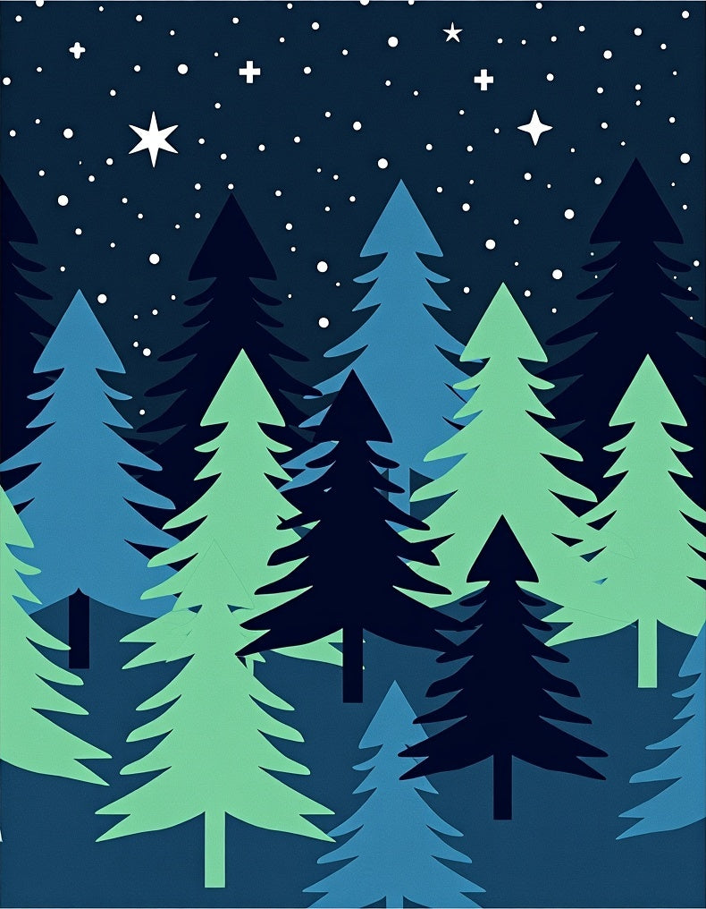 Night Forest Blue Green Trees Stars Rug