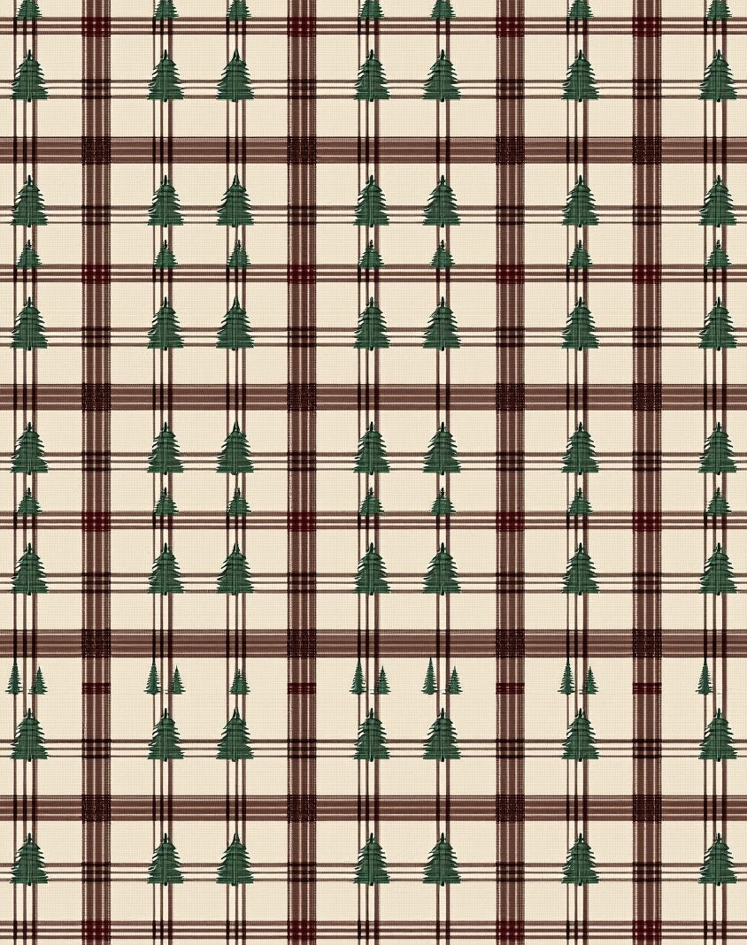 Cream Burgundy Plaid Pine Tree Rug