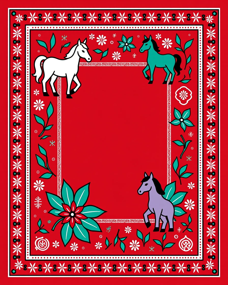Vibrant Red Horse Floral Border Rug