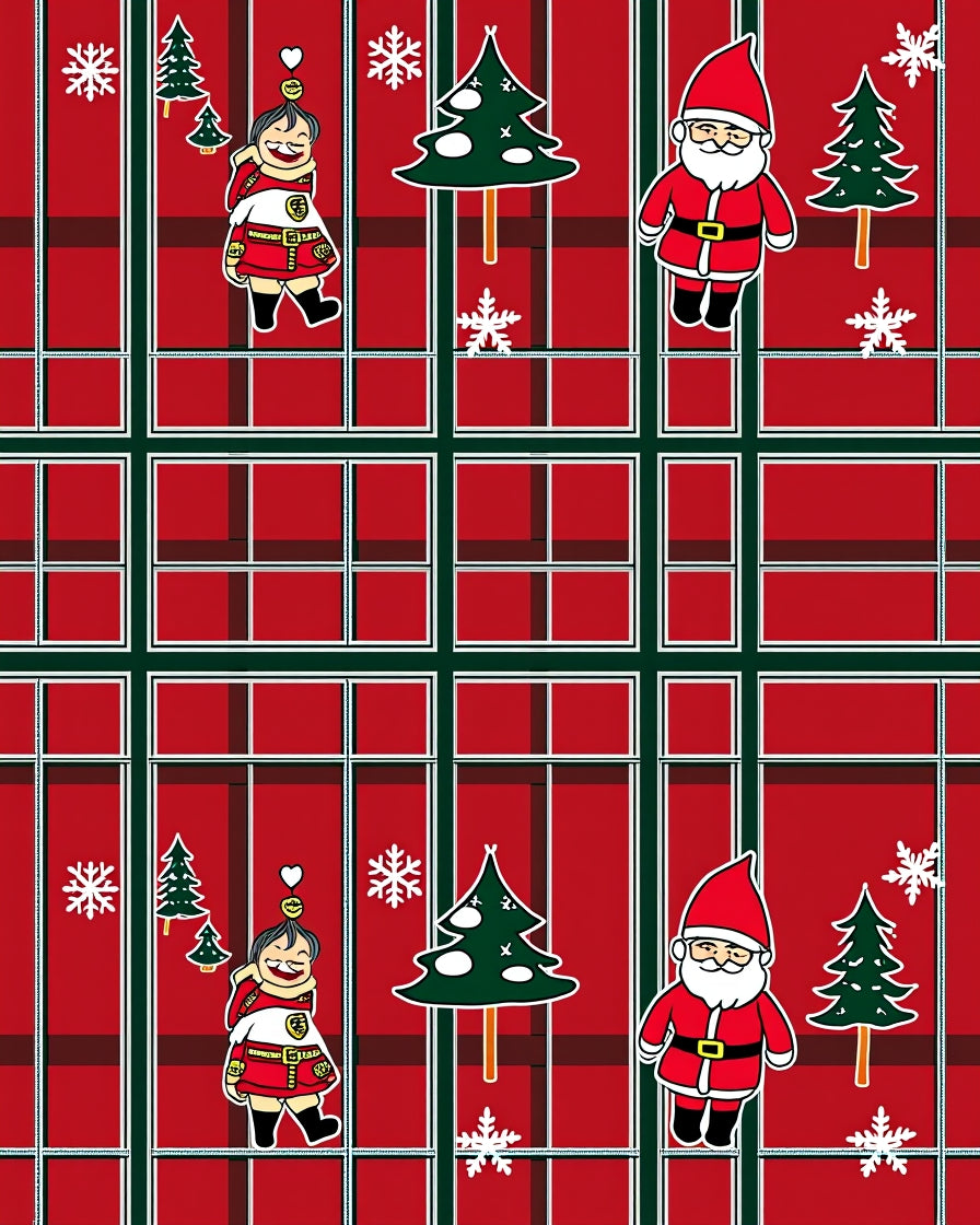 Red Green Plaid Christmas Figures Rug