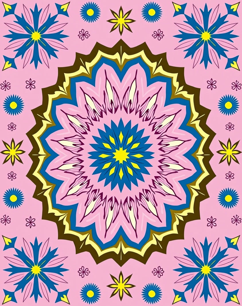 Pink Blue Yellow Floral Medallion Rug