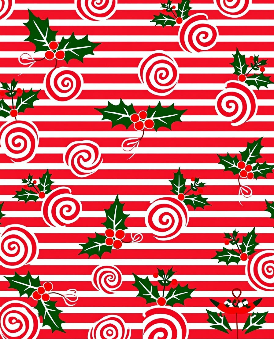 Red White Swirls Holly Christmas Stripes Rug