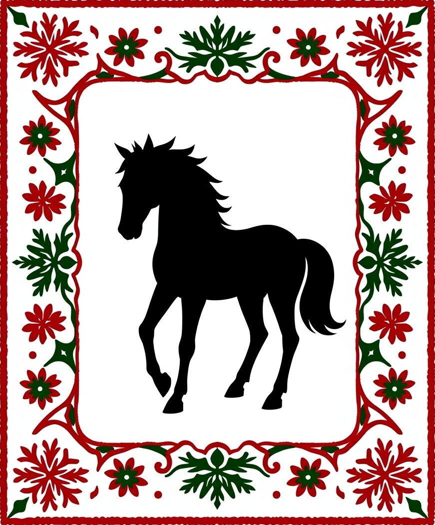 Bold Black Horse Red Green Border Rug