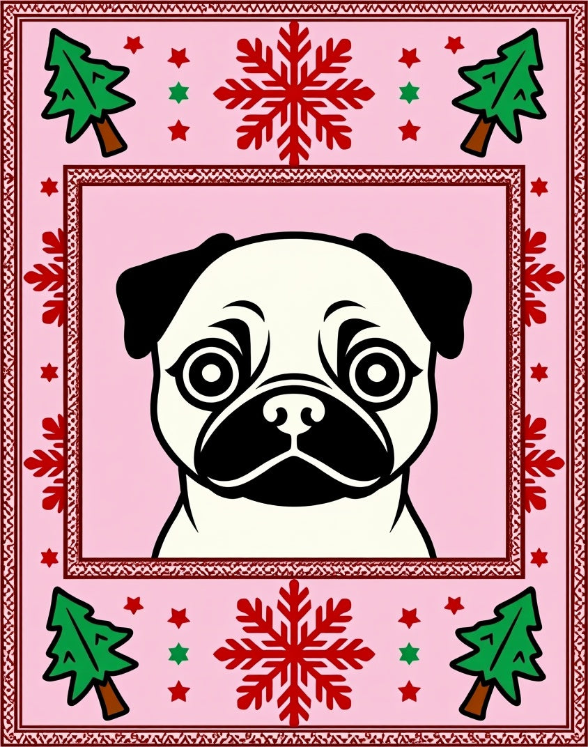 Pink Pug Christmas Trees Snowflakes Rug