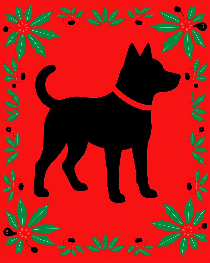 Black Dog Red Poinsettia Border Rug