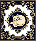 Cream Cat Emblem Deep Blue Border Rug