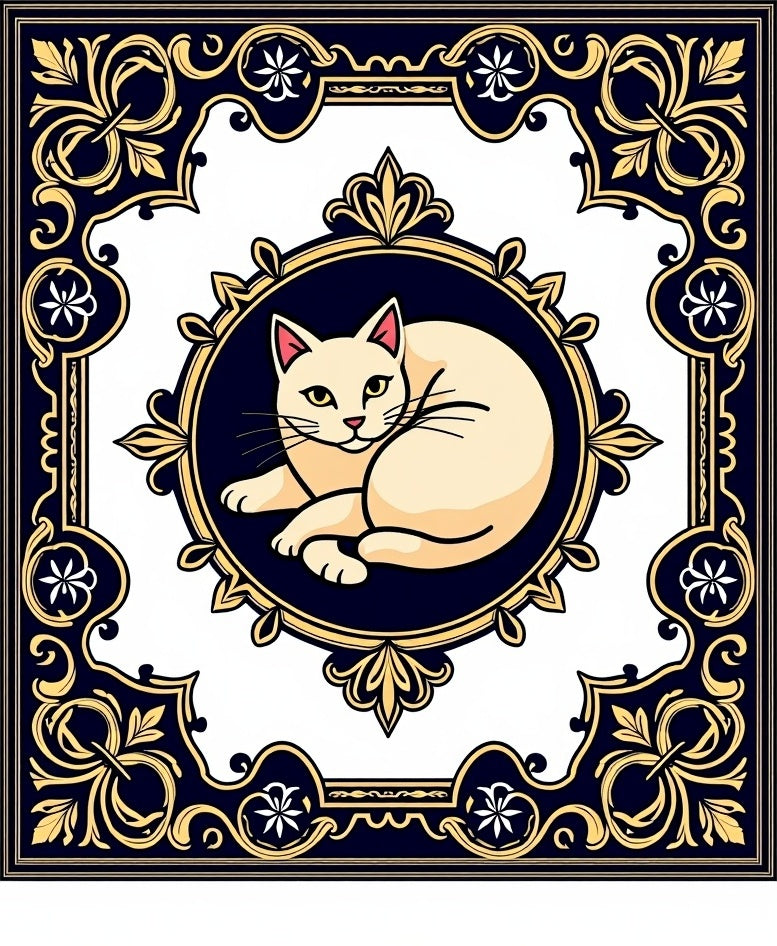 Cream Cat Emblem Deep Blue Border Rug