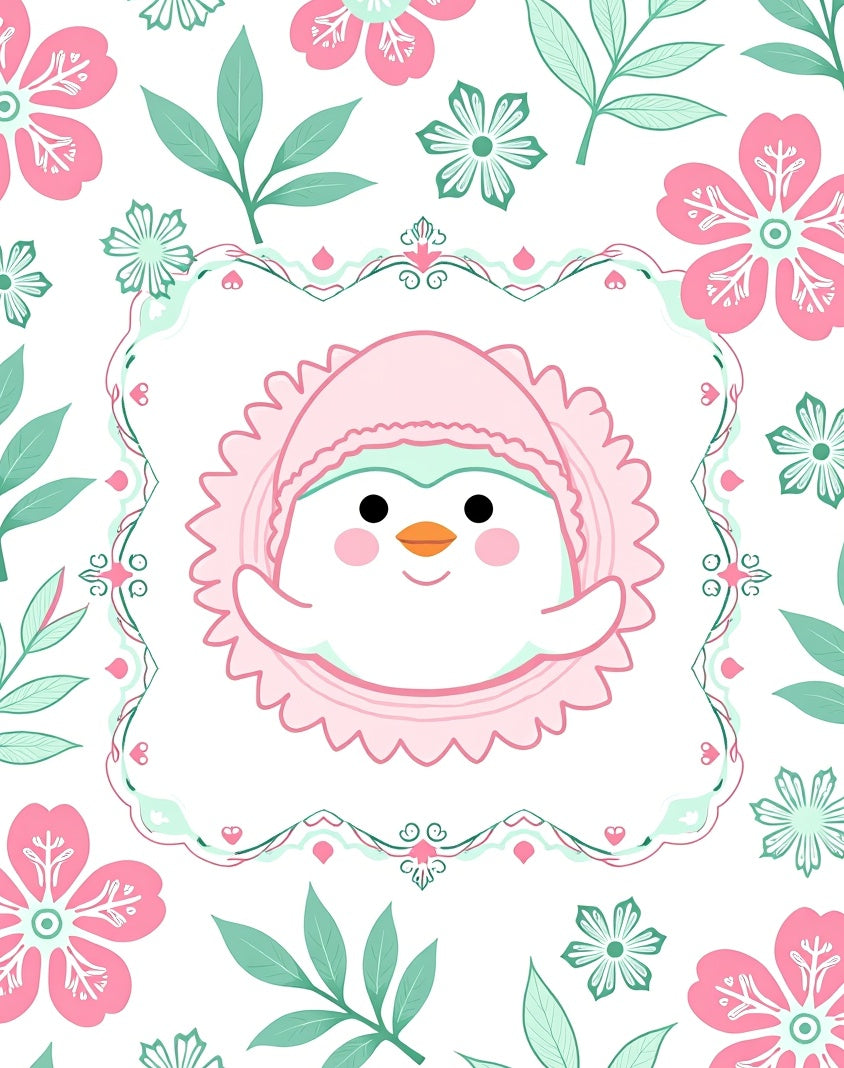Pink Mint Penguin Floral Frame Rug