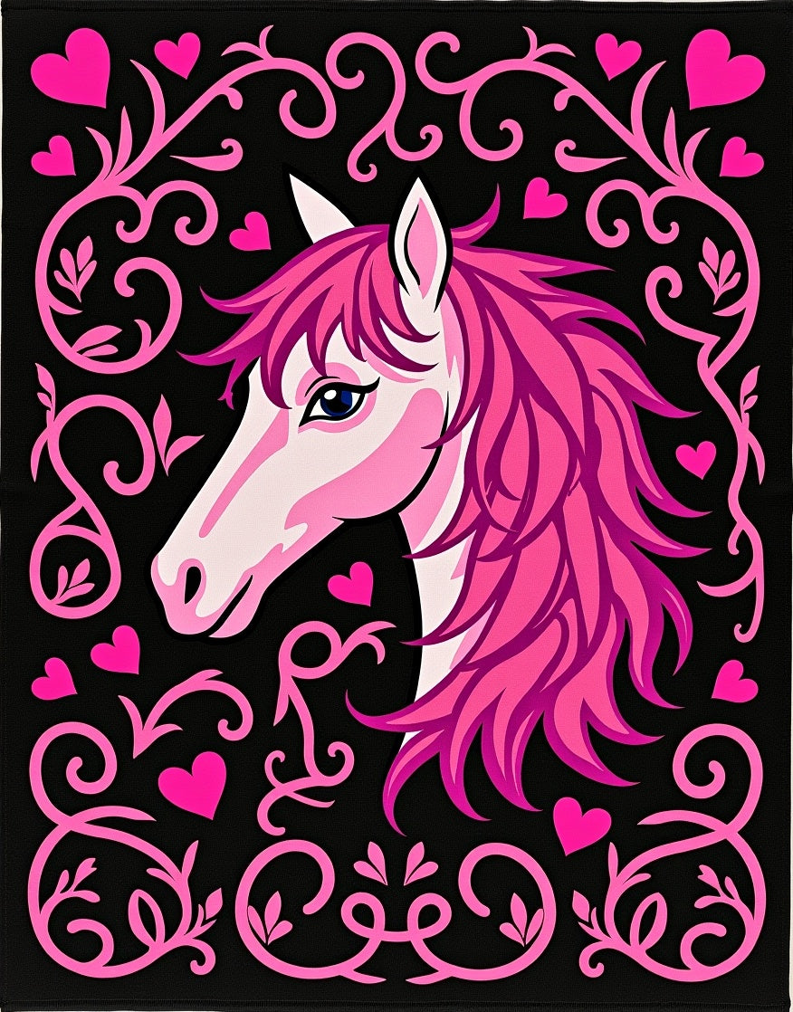 Pink Unicorn Black Background Hearts Floral Rug