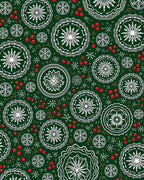 Deep Green White Medallion Cherry Accents Rug