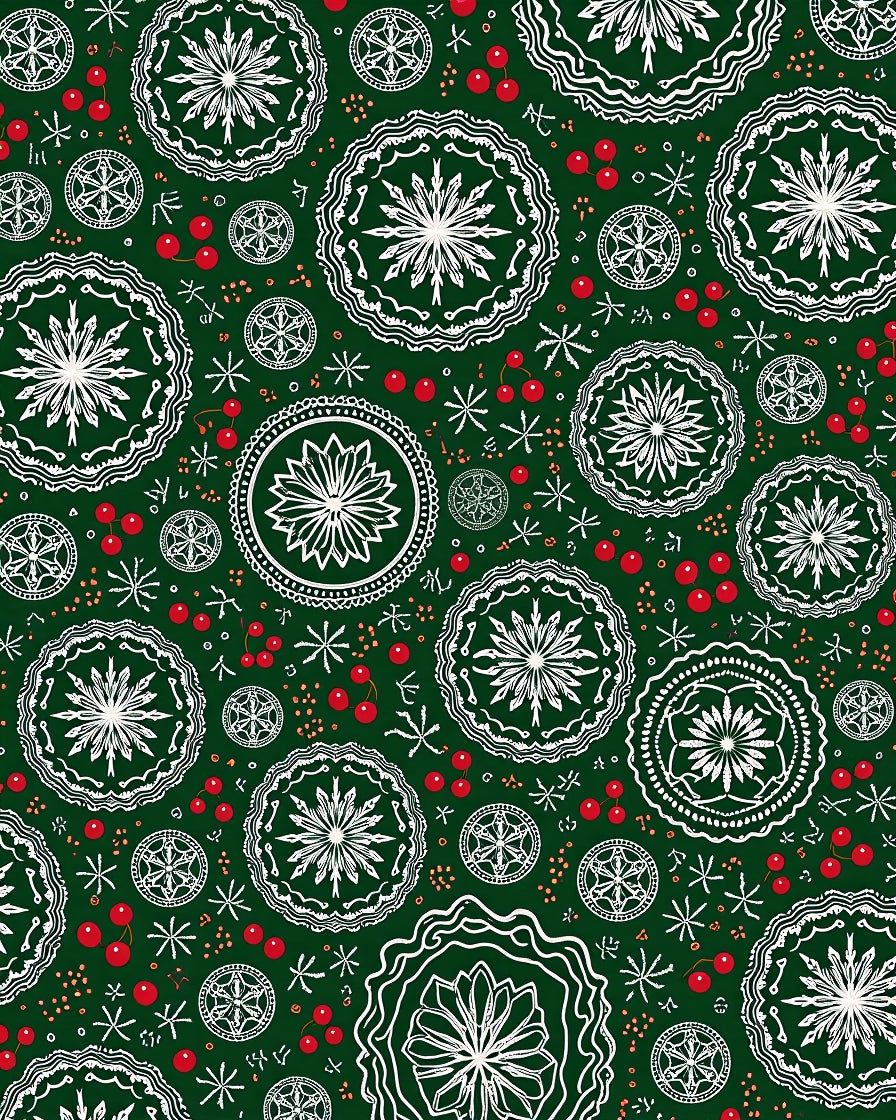 Deep Green White Medallion Cherry Accents Rug