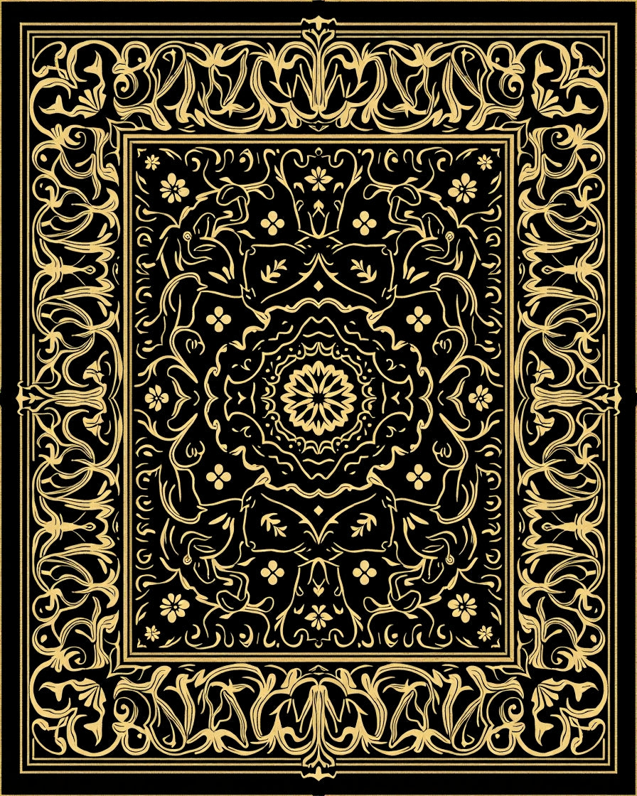 Black Gold Ornate Mandala Border Rug