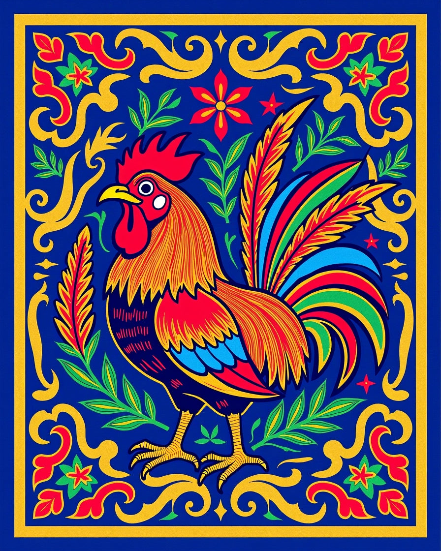 Vibrant Rooster Floral Blue Garden Rug