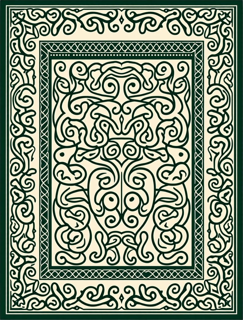 Emerald Green Scrollwork Tribal Rug