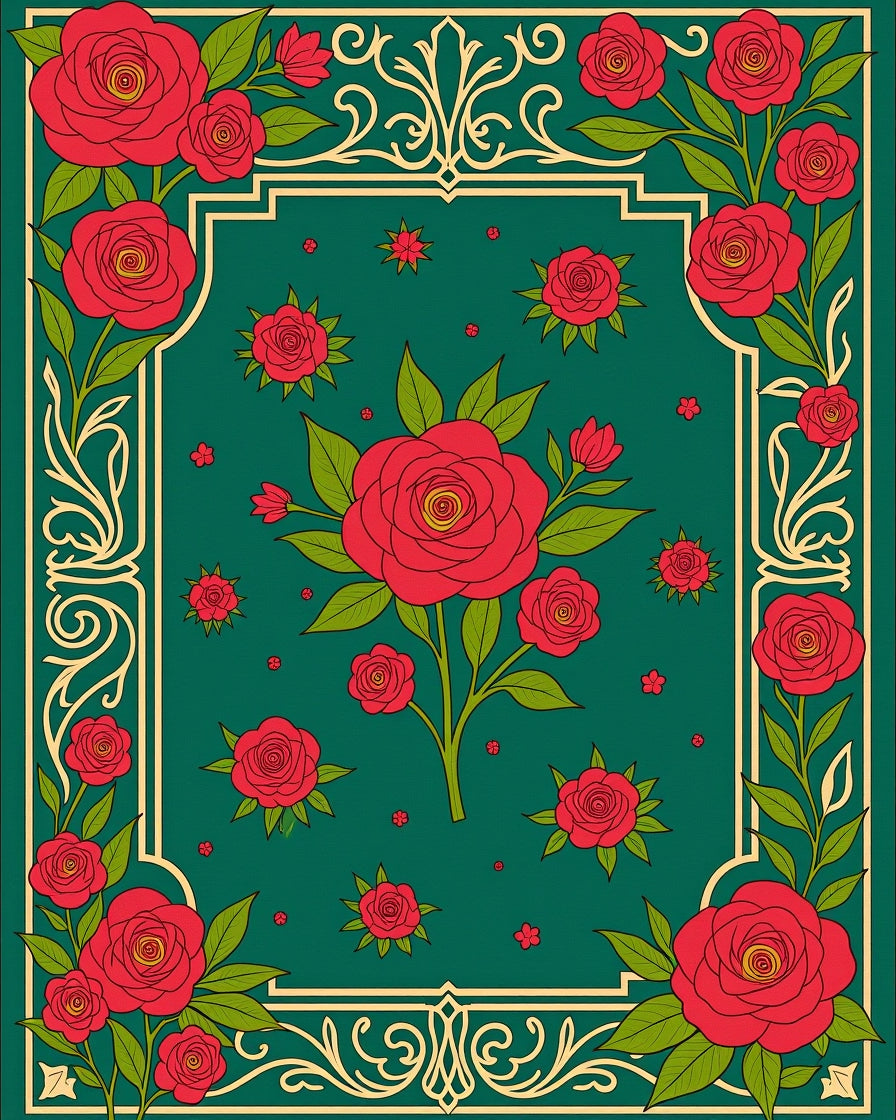 Deep Emerald Red Rose Garden Rug