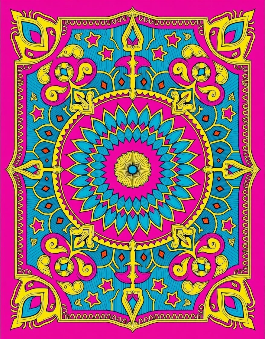 Vibrant Pink Teal Yellow Medallion Art Rug