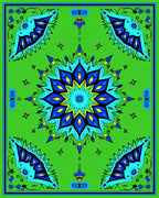 Vibrant Blue Starburst Mandala Green Rug