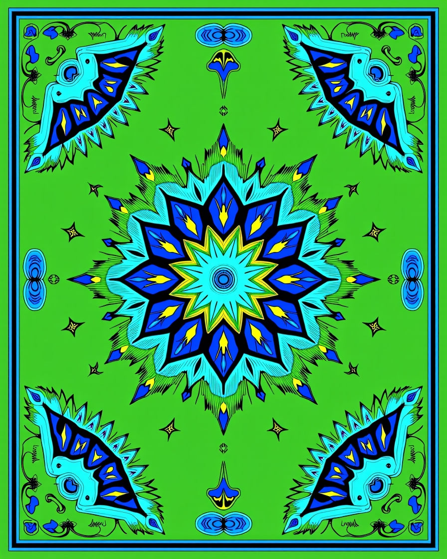 Vibrant Blue Starburst Mandala Green Rug