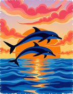 Dolphins jumping at sunset reflection Rug