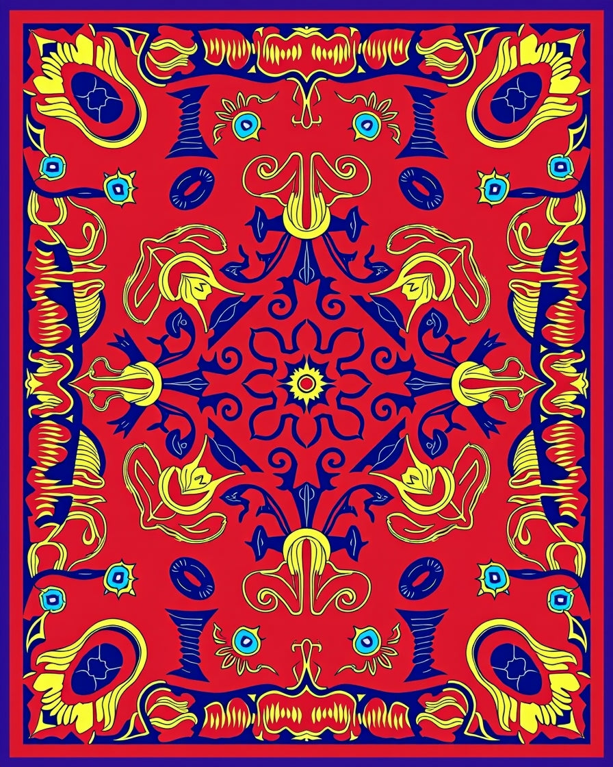 Bold Red Yellow Blue Floral Medallion Rug