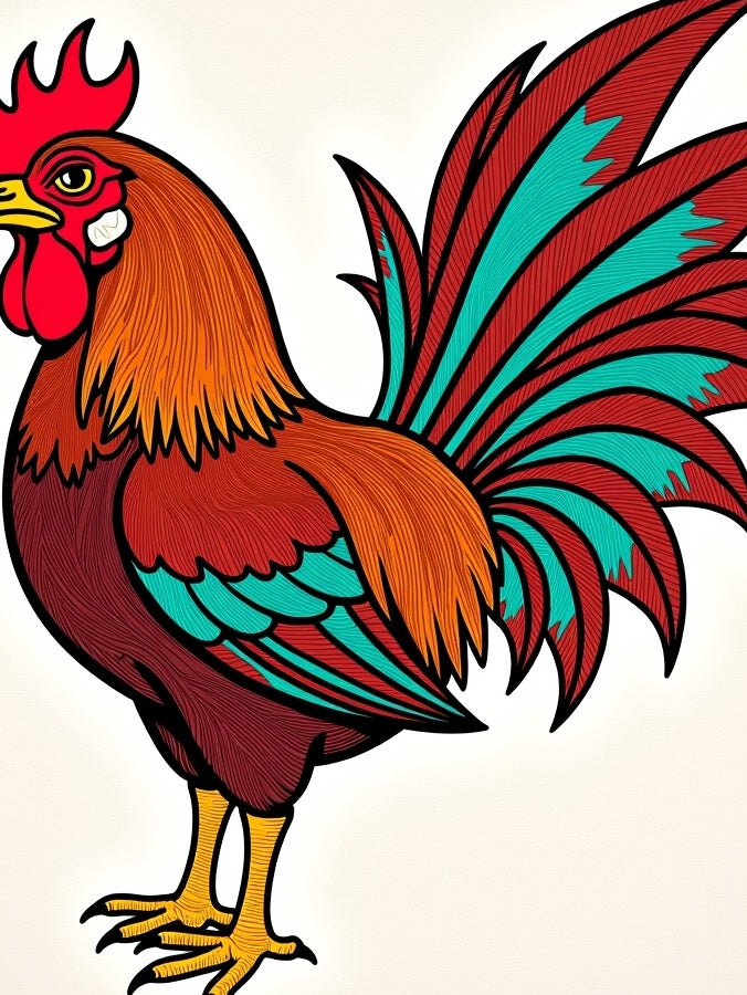 Fiery Rooster Red Teal Feathered Rug